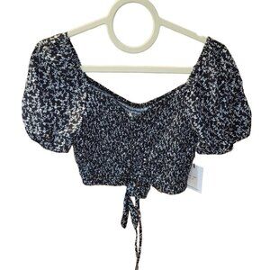 NWT Japna Tie Front Smocked Crop Top Short Sleeve Black Floral Size XL